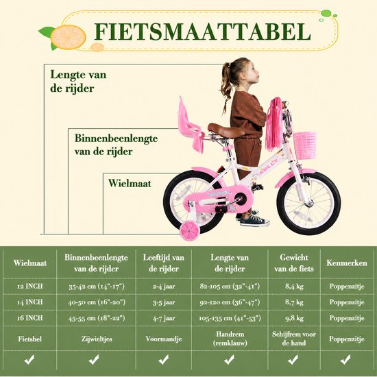 Vankel Meisjesfiets - Kinderfiets - 12/14/16 inch - Cadeau voor Meisjes - Met Poppenzitje, Mandje en Zijwieltjes - wit — afbeelding 5