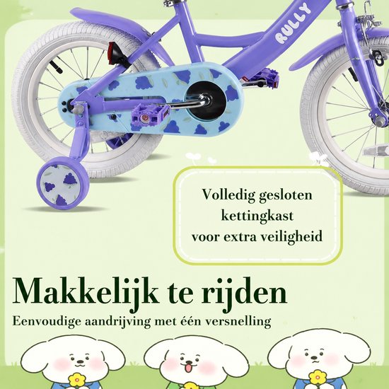 Rully Meisjesfiets - 12/14/16 inch - Fruitendesign - Met Zijwieltjes, Bruine Rieten Mand en Poppenzitje -Paars — afbeelding 3