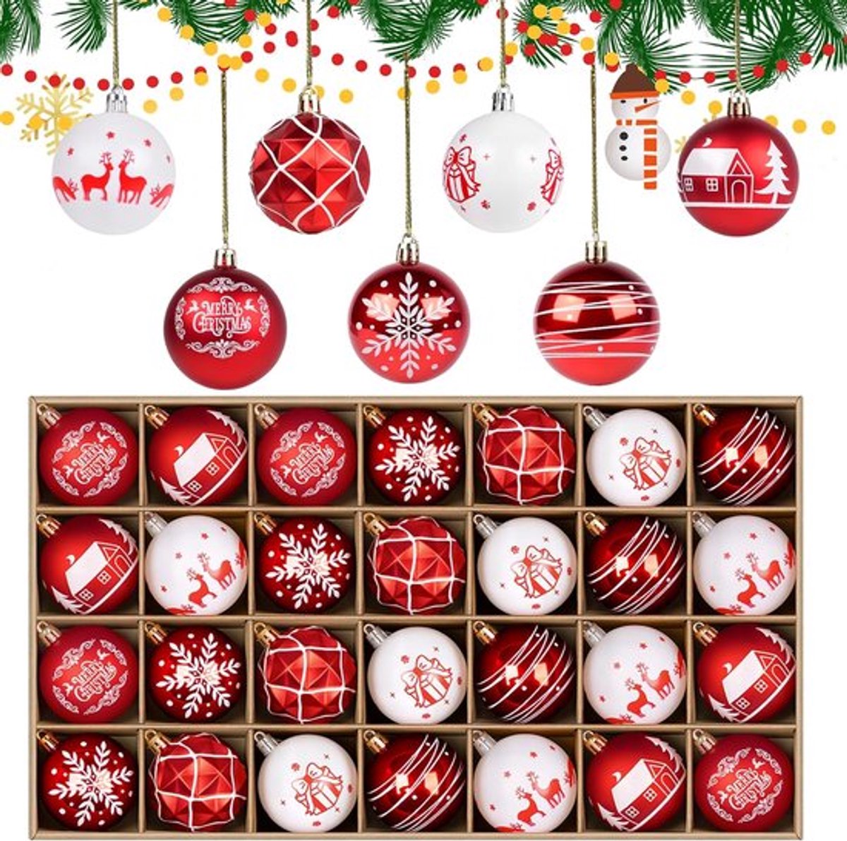 28-delige kerstballenset - 60mm rood wit - onbreekbare plastic kerstballen voor kerstmis glitterdecoratie - kunststoffen ornamenten voor traditionele kerstboom