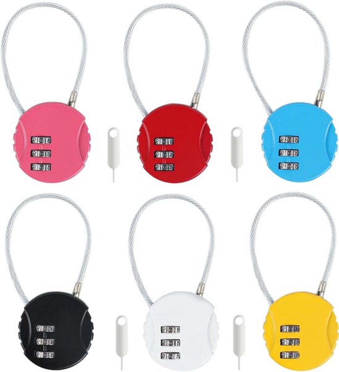 Pack van 6 Combinatiesloten met Nummercode - Metaal - Weerbestendig - 3 Cijfers - Geschikt voor Koffers en Kasten