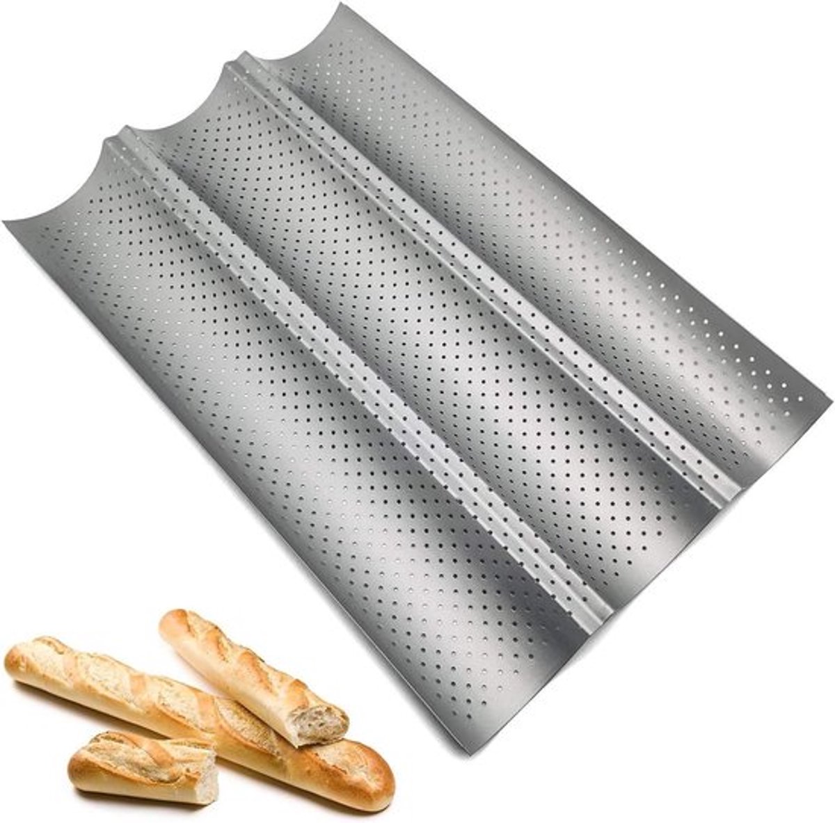Baguette-bakplaat voor 3 baguettes van 38 x 24,5 cm met hoogwaardige antiaanbaklaag voor gelijkmatig bakken en eenvoudig schoonmaken