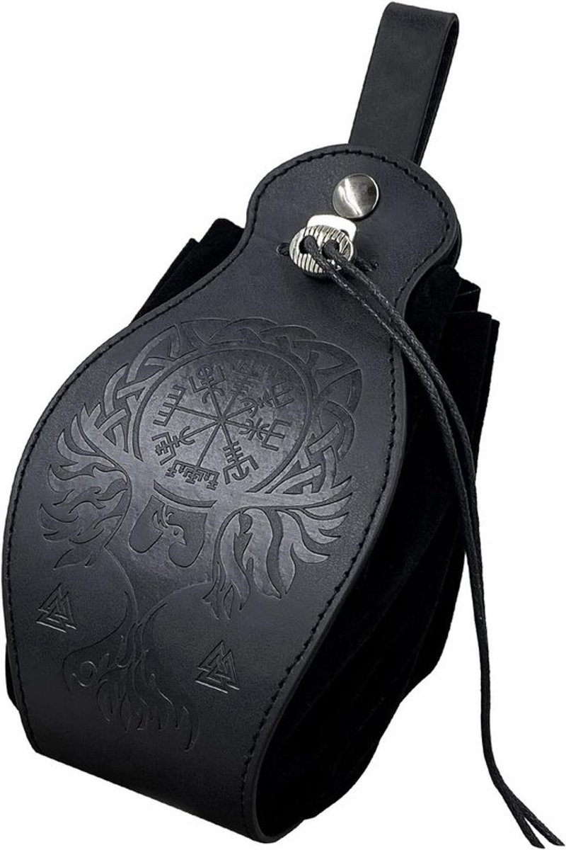 Middeleeuwse neplederen buidel - Draagbare trekkoord-riemtas - LARP-reenactment dobbelzak - Vintage riemtas - voor sieraden - Munt - Kleine accessoires - Zwart