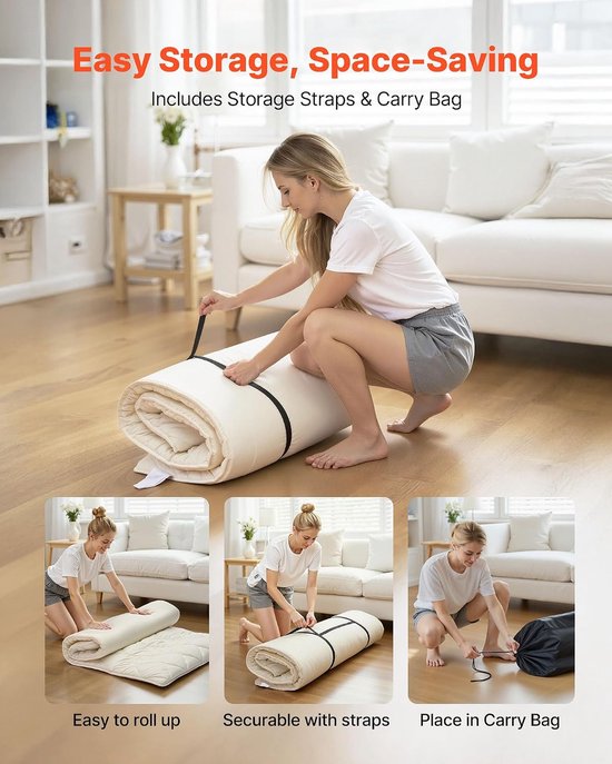 Japanse Tatami Mat - Futonmatras Vloermat - Slapen Meditatie Yoga - 9-Laags Ondersteuning - 203 x 99 cm - Wit — afbeelding 3