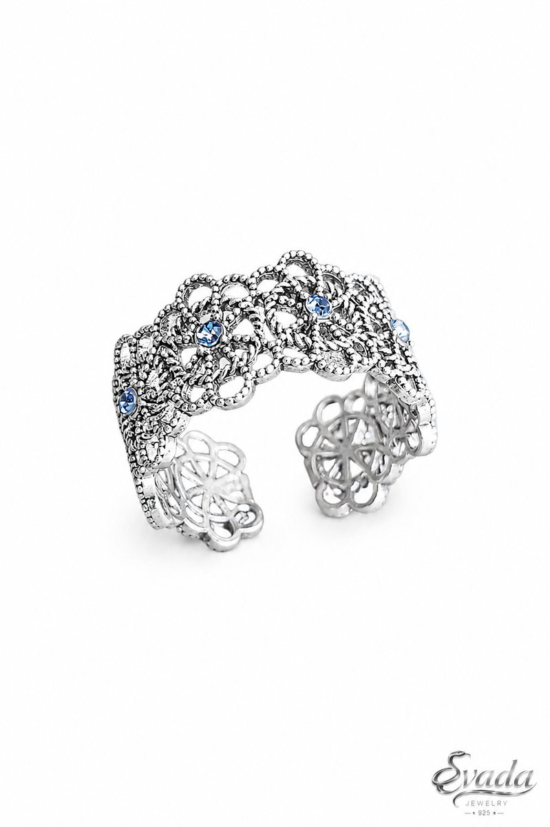 925 Sterling Zilver Ring met Blauwe Stenen – Blue Stone Ring – Bague Argent Pierres Bleues – Verstelbare Vintage Bloemenring – EVADA Jewelry