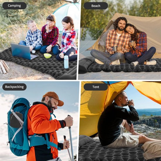 ITRONIQ Zelfopblazende Slaapmat 2 Persoons 190 x 120 cm - Waterbestendig Campingmat Met Voetpomp en Kussen - Opvouwbaar - Zwart — afbeelding 5
