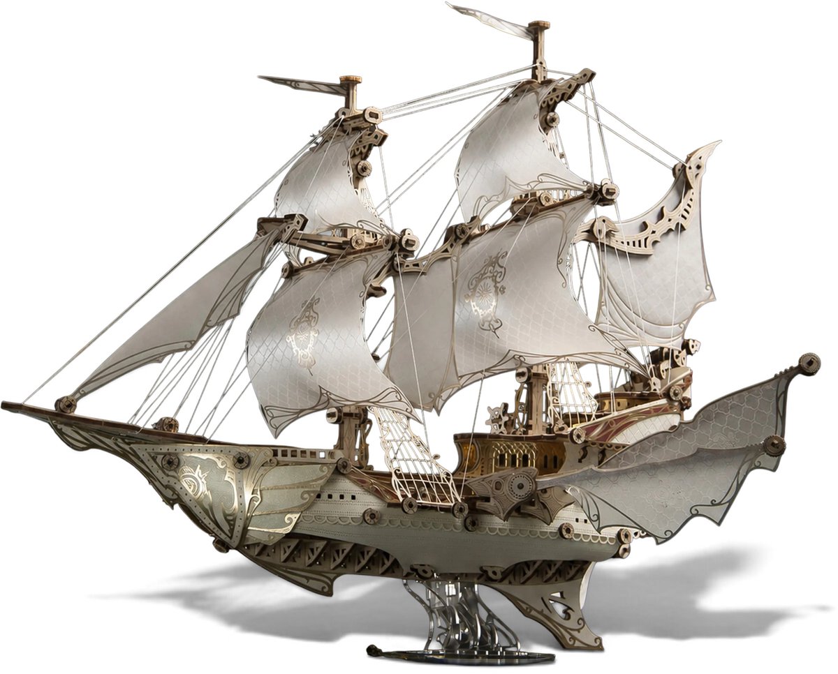 HowCat Fantasy Elf Ship (2026) (Bright White) - 3D Houten Puzzel Fantasy Bouwpakket met LED - 555 Stuks – DIY Modelbouwpakket – Houten Bouwpakket – Houten Zeilschip – Decoratief & Educatief – Kerst Sinterklaas Cadeau voor Kinderen en Volwassenen