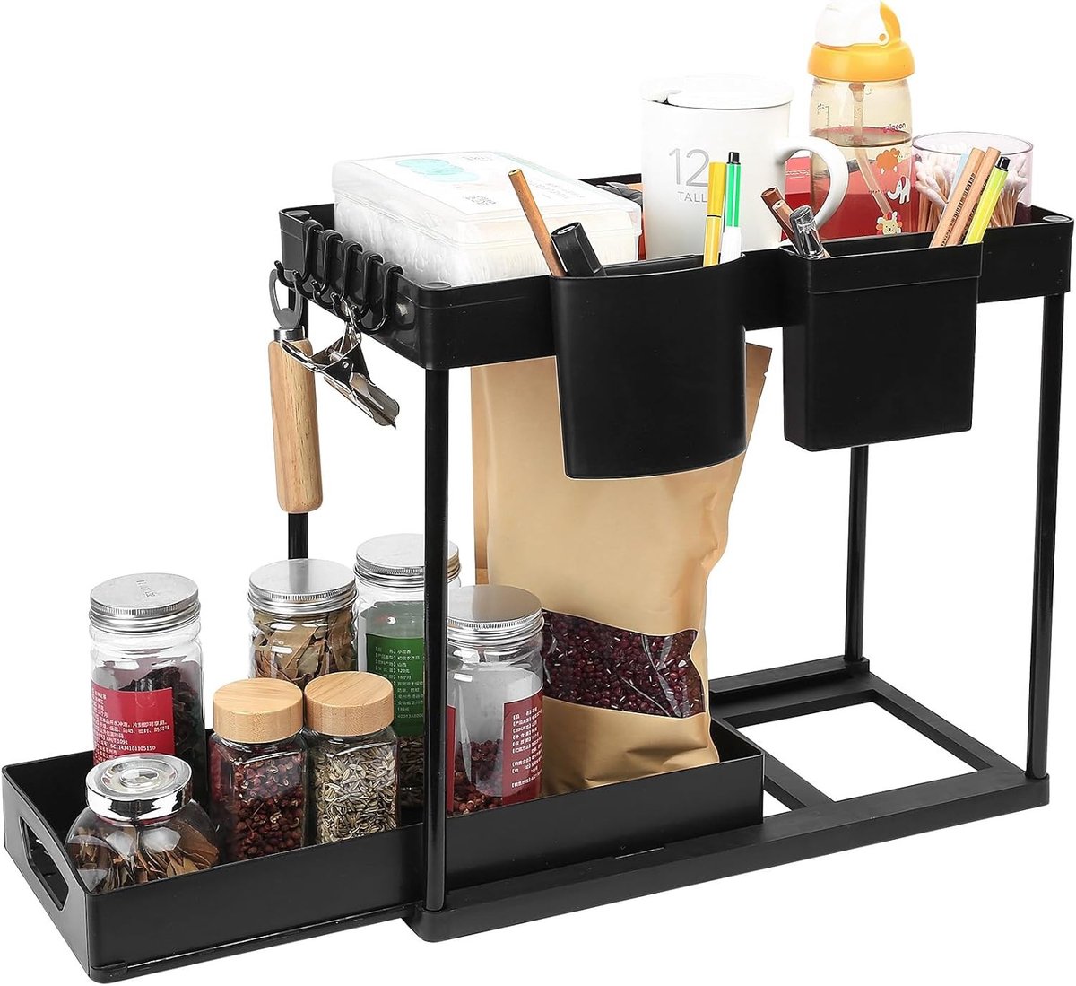 Keuken Organizer - Zwart - 39,5 x 35,5 x 21,5 cm - 2-Laags Onderbak Organizer met Haken en Beker - Voor Keuken en Badkamer