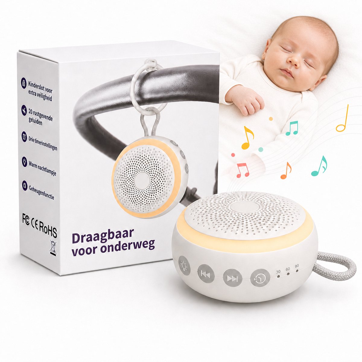 White Noise Machine Baby – 20 Geluiden – Slaap Trainer met Nachtlampje – Timer – Kinderslot – Oplaadbaar