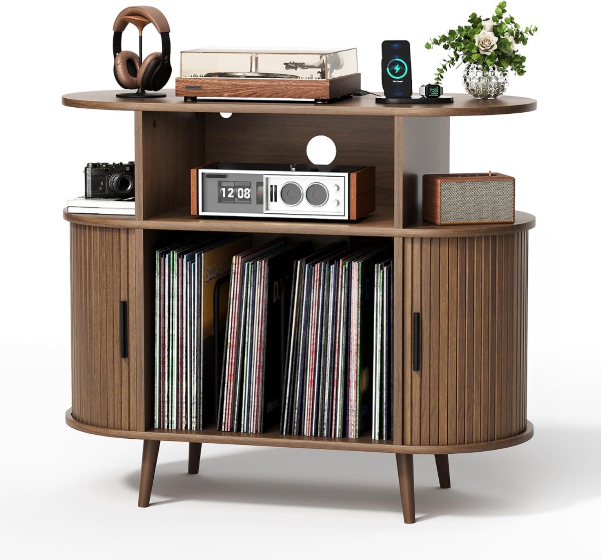 SNJY® Platenspeler Meubel - Platenspeler Kast - LP Houder - Platenhouder - 40D x 90B x 77H cm - Bruin