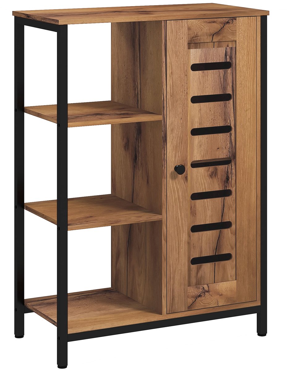Badkamermeubel op voet - 60 x 30 x 85 cm - rustiek bruin - Opbergkast - stalen structuur - 3 open planken - kast met 2 niveaus - lamellendeur