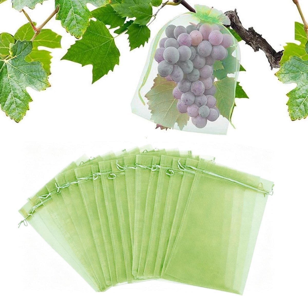 KZQ 100 Stuks Fruitbeschermingszakken - Netzakjes met trekkoord - Ademend tuinnet - Geschikt voor druiven en ander fruit - 17 x 23 cm - Legergroen