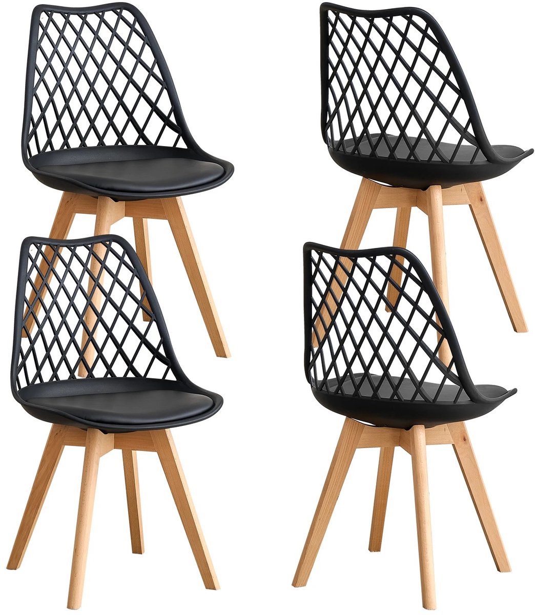 Chelsey-store - Eetkamerstoelen - Stoelen - Set van 4 - Massief houten poten - Leren bekleding - Scandinavisch design - Zwart