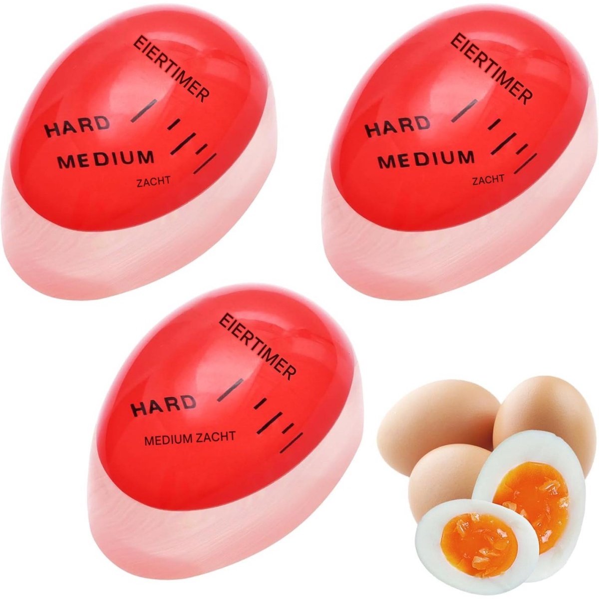 GELLDG 3 Stuks Eierklokken - Eiertimer voor Gekookte Eieren - Duidelijke Schaalverdeling en Herbruikbaar - Geschikt voor Koken van Zacht- tot Hardgekookte Eieren - Kunststof - 56x39mm