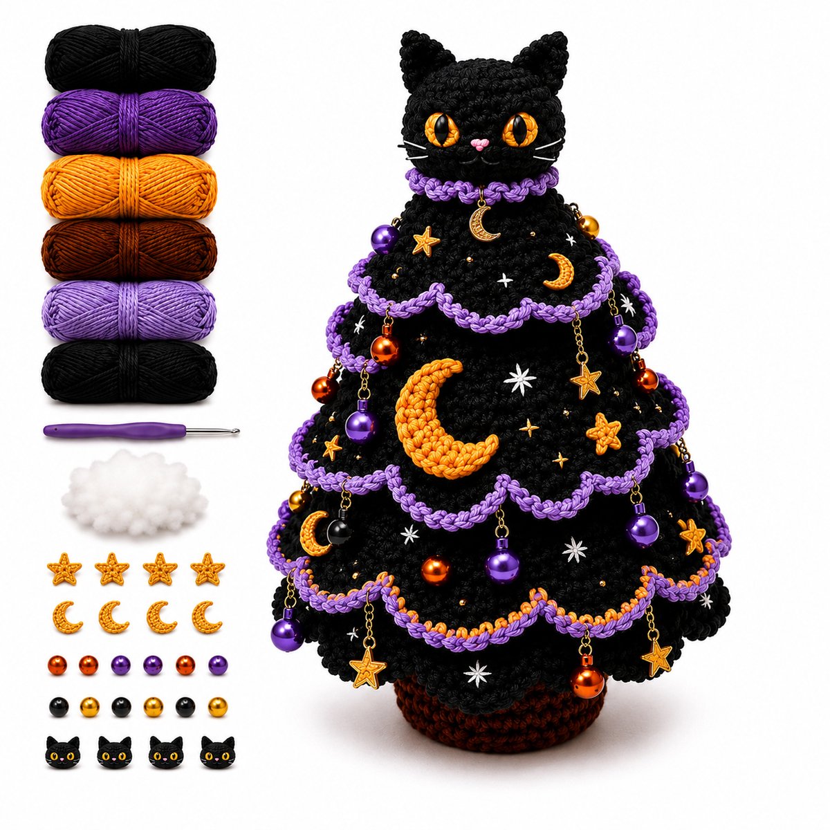 DIY-haakset voor een Halloween-boompje – Inclusief decoraties in de vorm van een spook, pompoen, heks en candy corn – Speelse knutselset voor de herfst – Perfect als seizoensgebonden tafeldecoratie – Ontwerp met zwarte kat