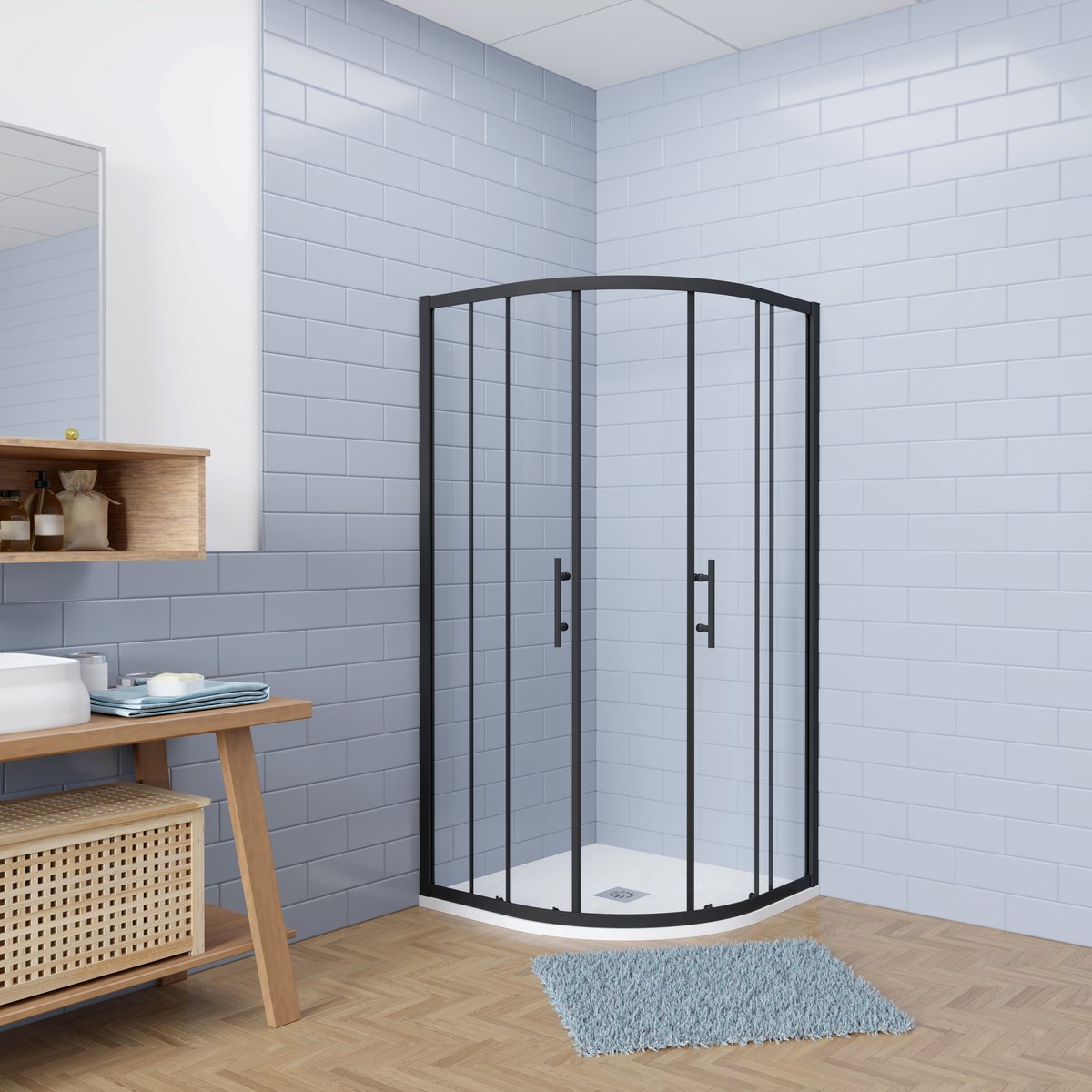 Aica Eenvoudig te monteren kwartronde Douchecabine 90x90x185cm hoekinstap met schuifdeuren incl. ultraplatte douchebak - Slate leisteenlook - incl. sifon - 6mm gehard veiligheidsglas - mat zwarte aluminium Profiel