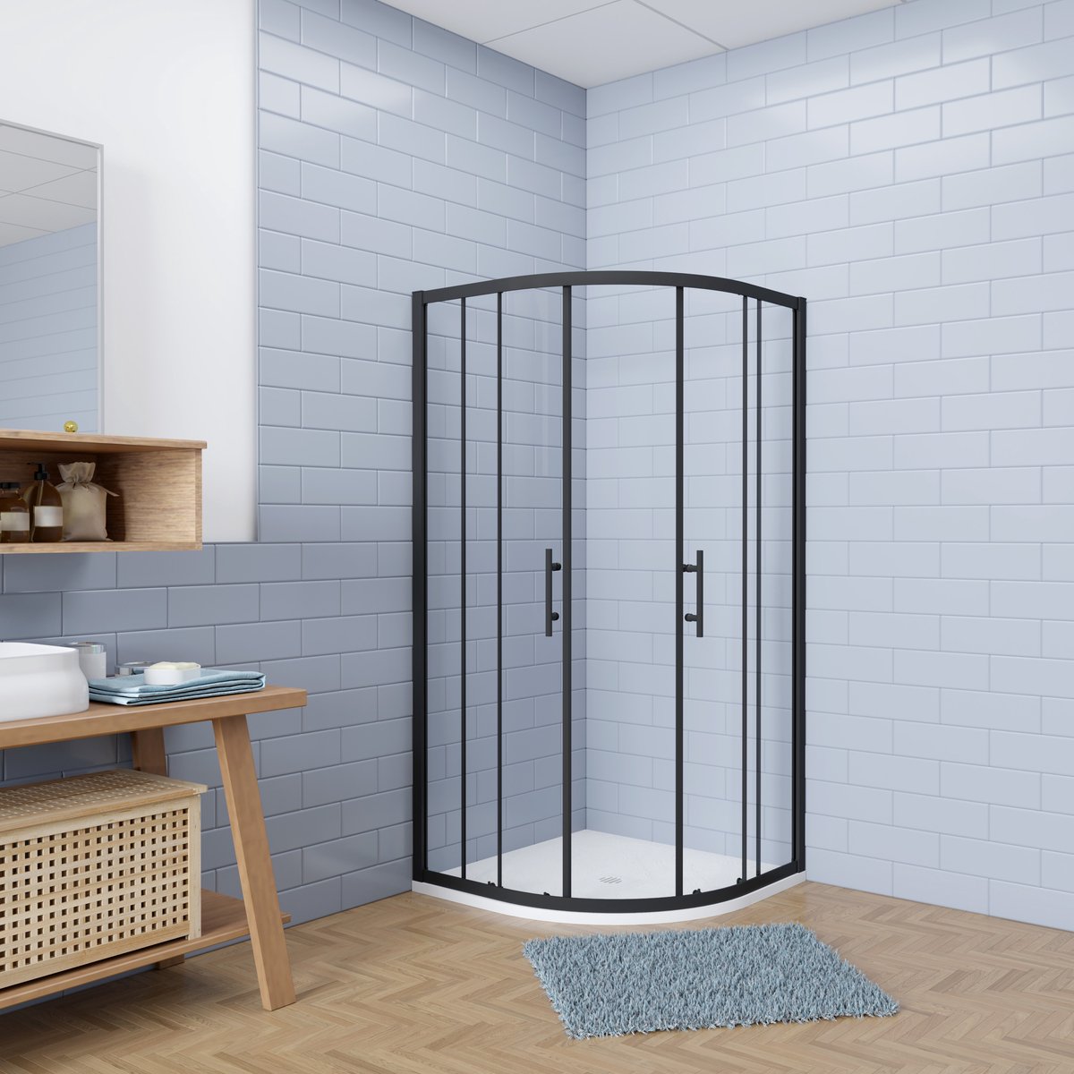 Aica Eenvoudig te monteren kwartronde Douchecabine 90x90x185cm hoekinstap met schuifdeuren incl. ultraplatte douchebak - Slate leisteenlook - incl. sifon - 6mm gehard veiligheidsglas - mat zwarte aluminium Profiel