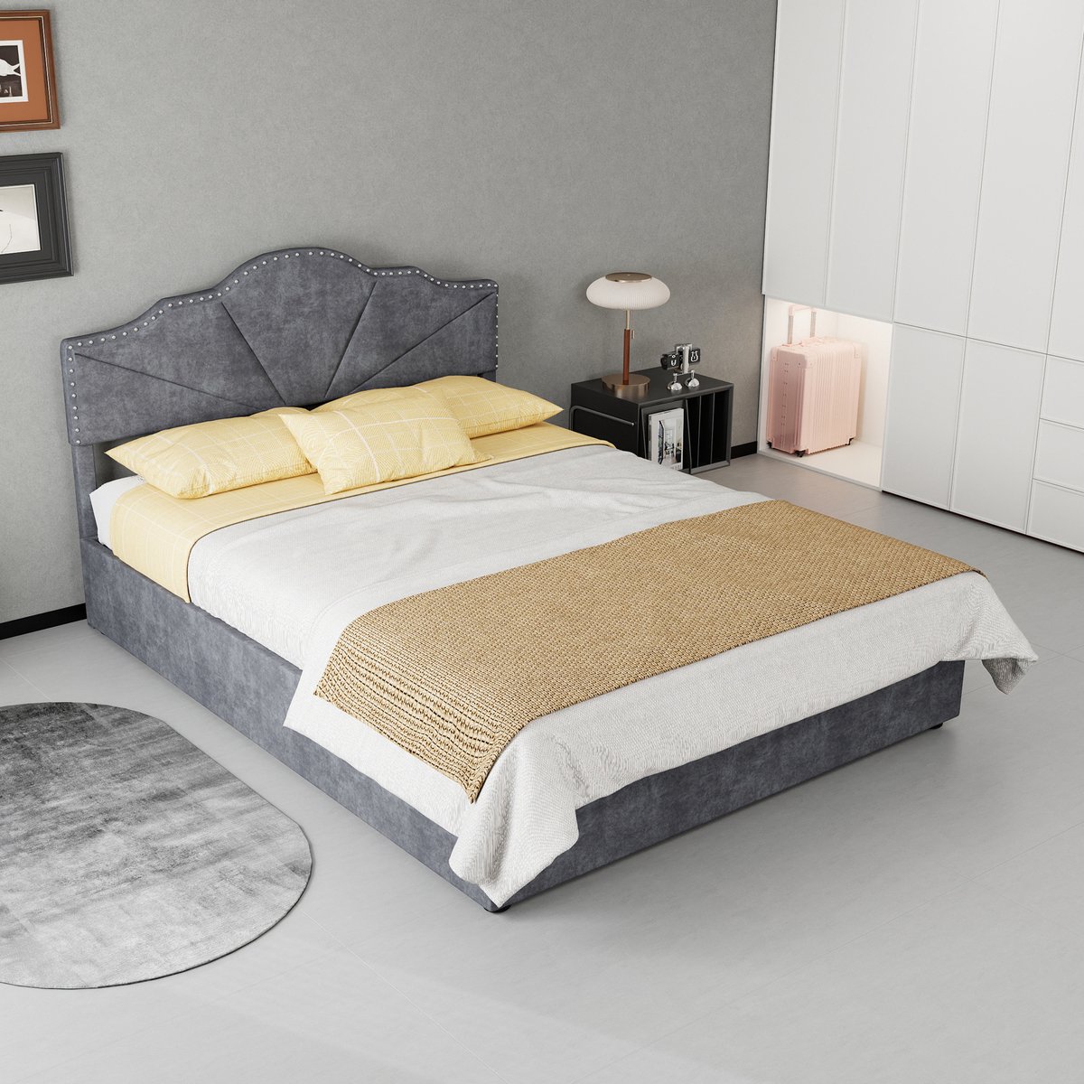 COVREO Bed 140x200 cm grijs stof, inclusief matras en opbergruimte