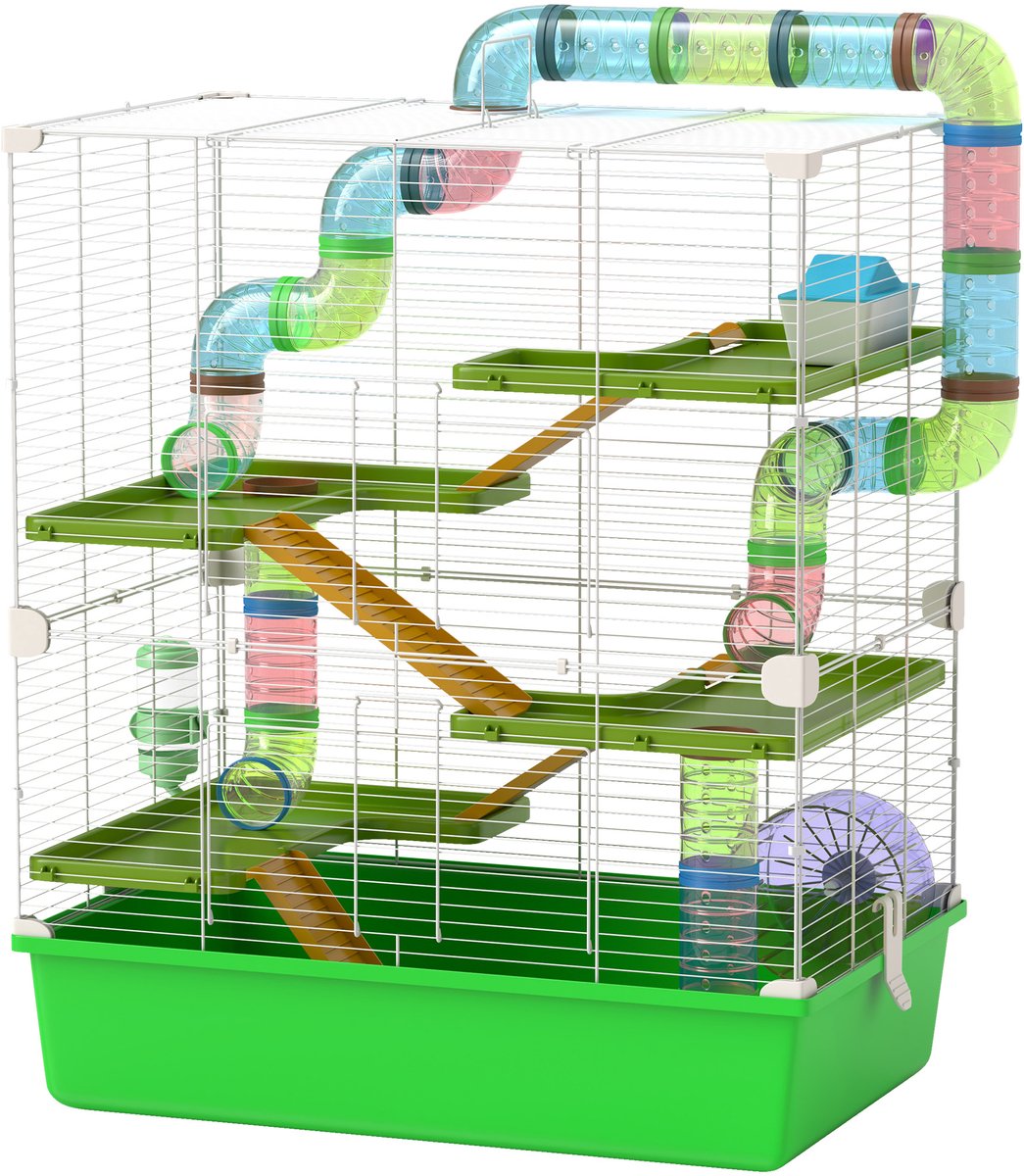 Grote hamsterkooi – 5-verdiepingen knaagdierkooi – voorzien van tunnel, drinkfles, looprad, huisje en ladder – afmetingen: 59 cm lang × 36 cm breed × 69 cm hoog