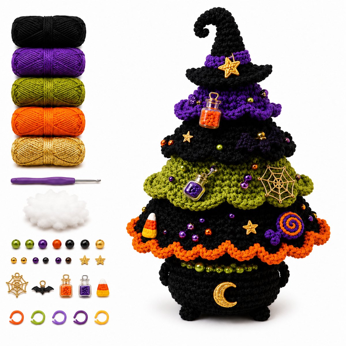 DIY-haakset voor een Halloween-boompje – Inclusief decoraties in de vorm van een spook, pompoen, heks en 'candy corn' – Speelse knutselset voor de herfst – Perfect als seizoensgebonden tafeldecoratie – Ontwerp in de vorm van een heksenhoed