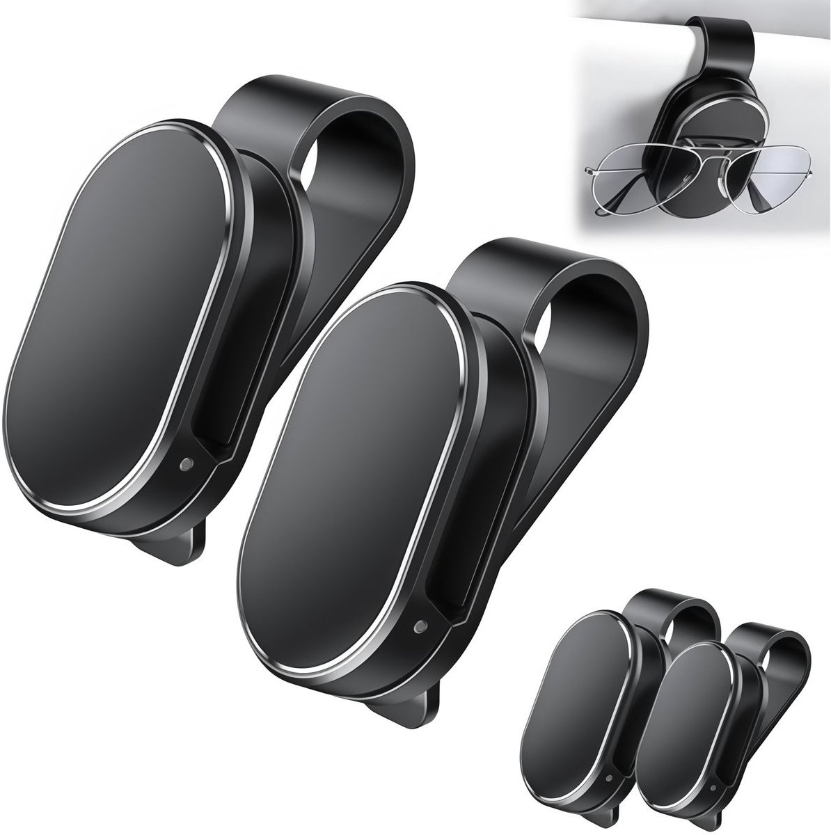 Zonnebril houder voor auto zonnebrand, 4 stuks - auto zonnebrand bril haak klem, veilige bevestiging auto interieur bril kaart opvangtas, universeel voor SUV camper vrachtwagens - Zwart