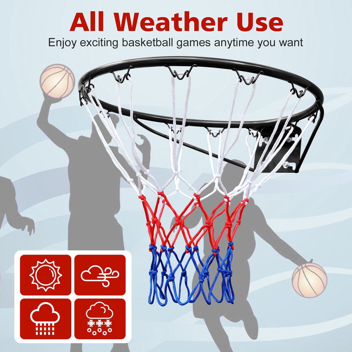 COVREO Basketbalring 45,72 cm zwart staal, met net voor vervanging