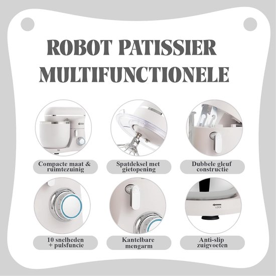 Keukenrobot met Dubbele Kom - Mixer Keukenmachine - Bakken en Koken - Praktisch Dubbel Komontwerp - 35 Liter - Wit — afbeelding 3