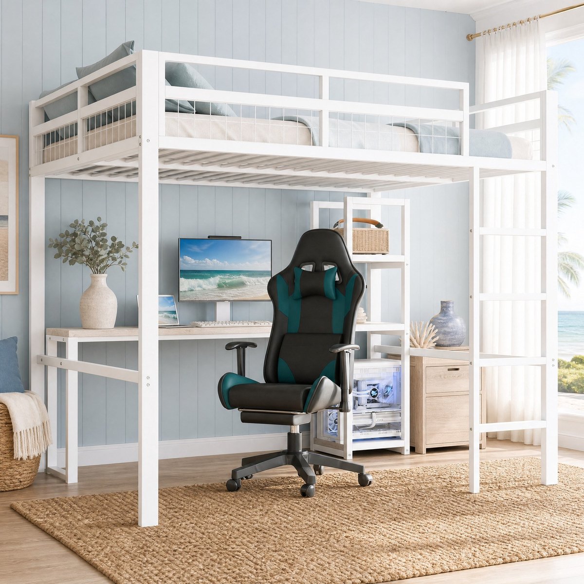 COVREO Hoogslaper 140x200 cm wit, met bureau en rekken, van metaal