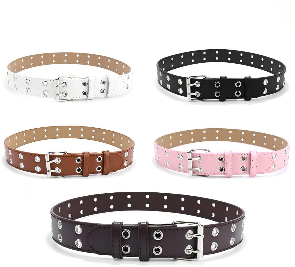 Kinder Punk Riem Set 5 Stuks – Y2K Jeansriem Meisjes – PU Tailleband met Dubbele Oogjes – Zwart Wit Roze Bruin Koffie – Streetwear Accessoire