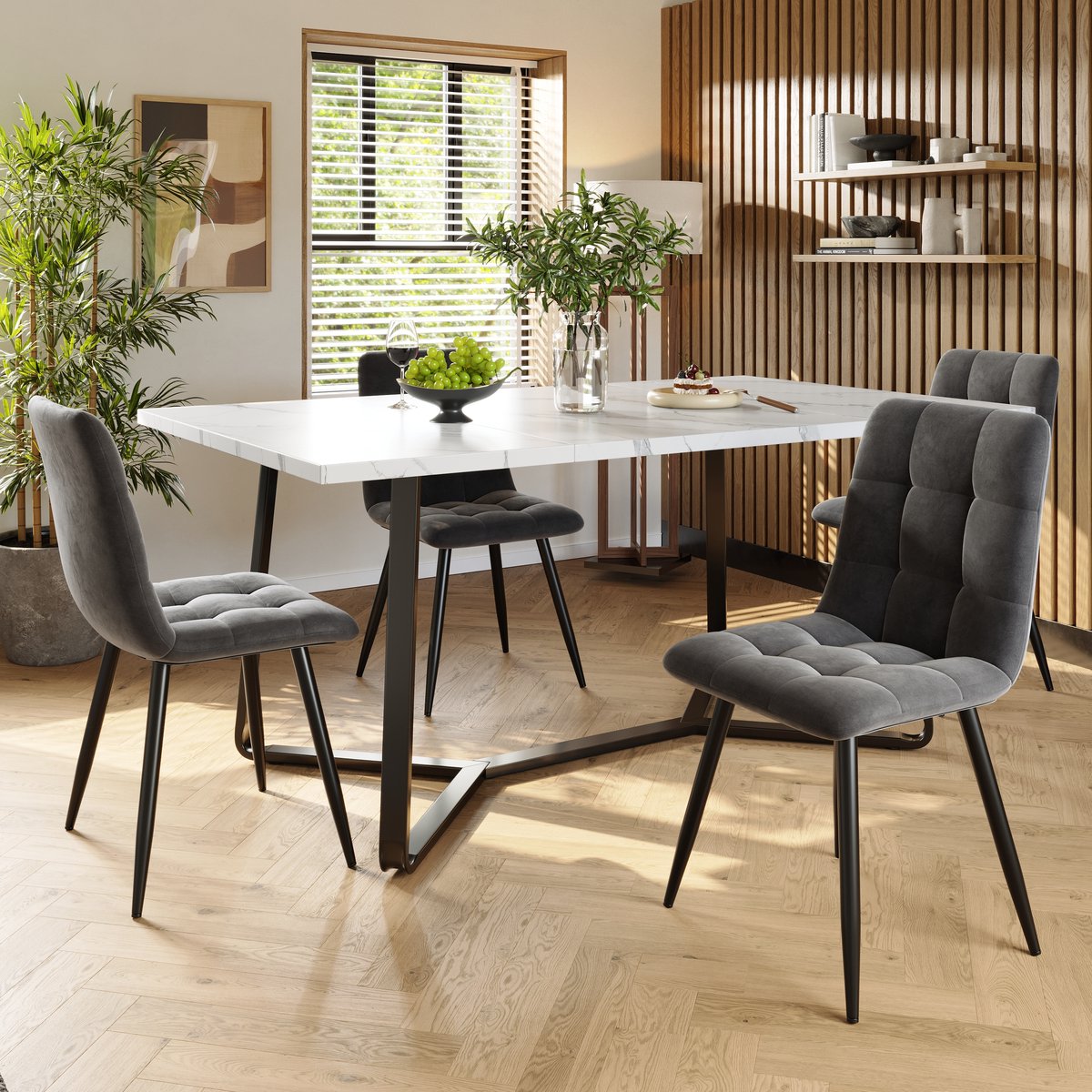 COVREO Esstisch set 138.5x75x76 cm wit, MDF en metaal, 4 stoelen