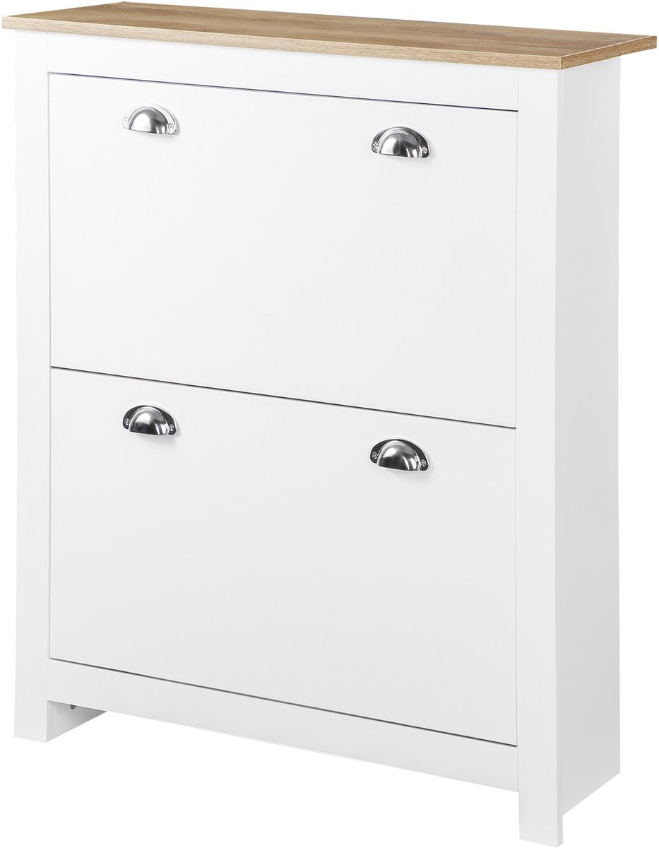 Schoenenkast - 12 paar - smal - metalen handvat - 79 x 23 x 90,5 cm - wit en eiken - 2 lades met klapdeksel - verstelbare planken