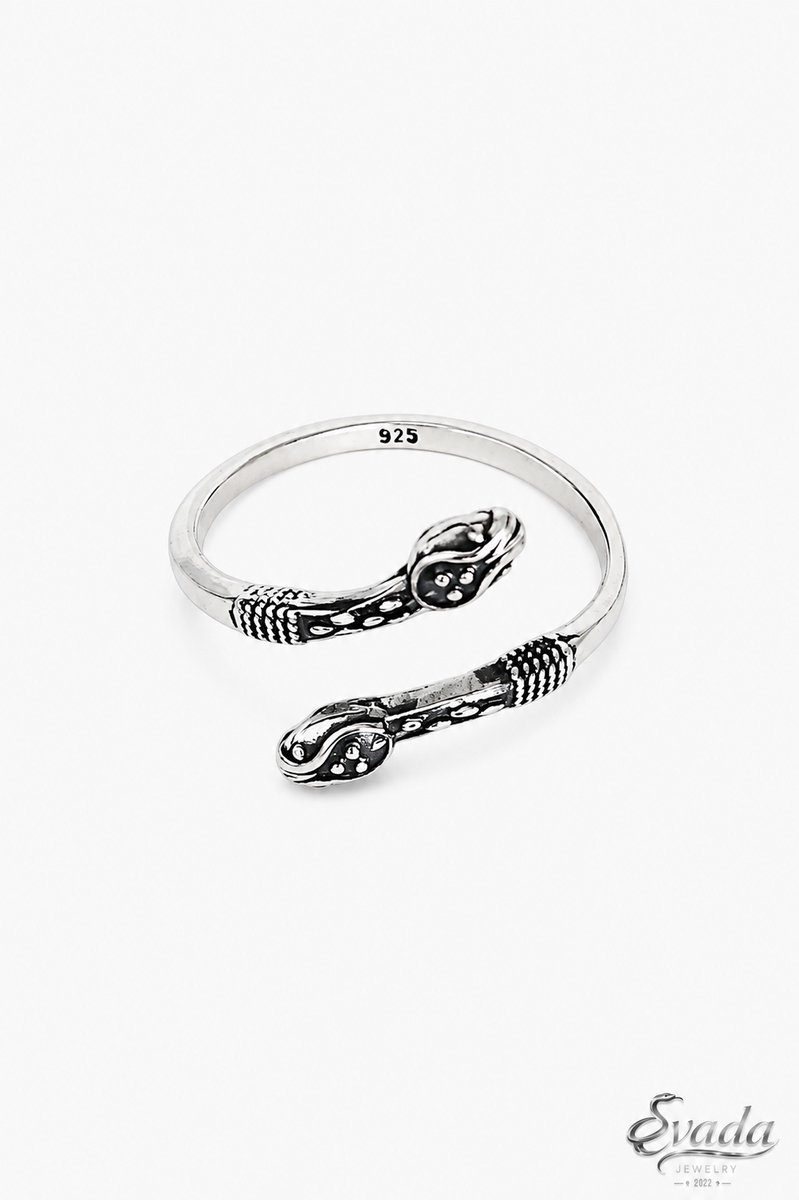 925 Sterling Zilver Slangenring – Snake Ring – Bague Serpent – Verstelbare Open Ring – Dubbele Slangenkop – Vintage Damesring – EVADA Jewelry