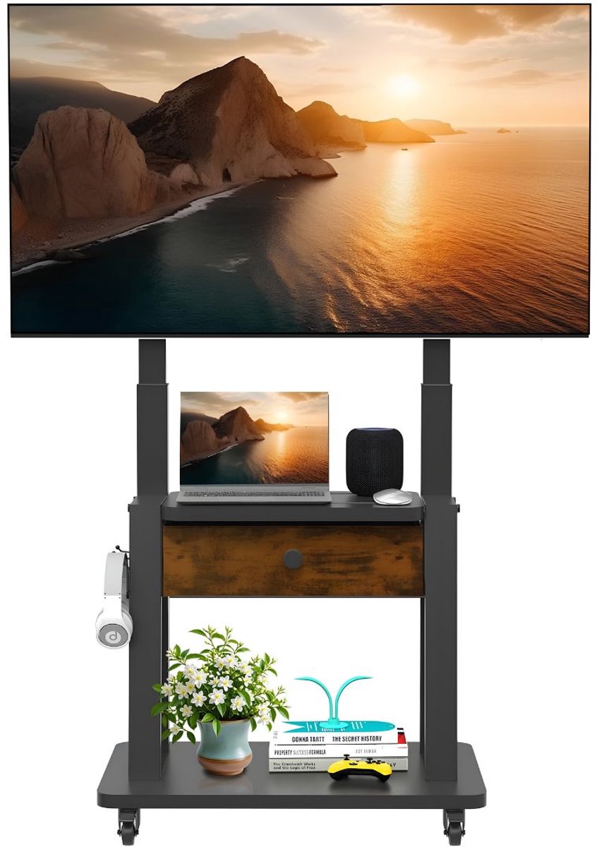 NIVA® Tv Standaard Verijdbaar - Tv Statief - Tv Standaard Verrijdbaar - Zwart - 70cm x 51cm x 154cm