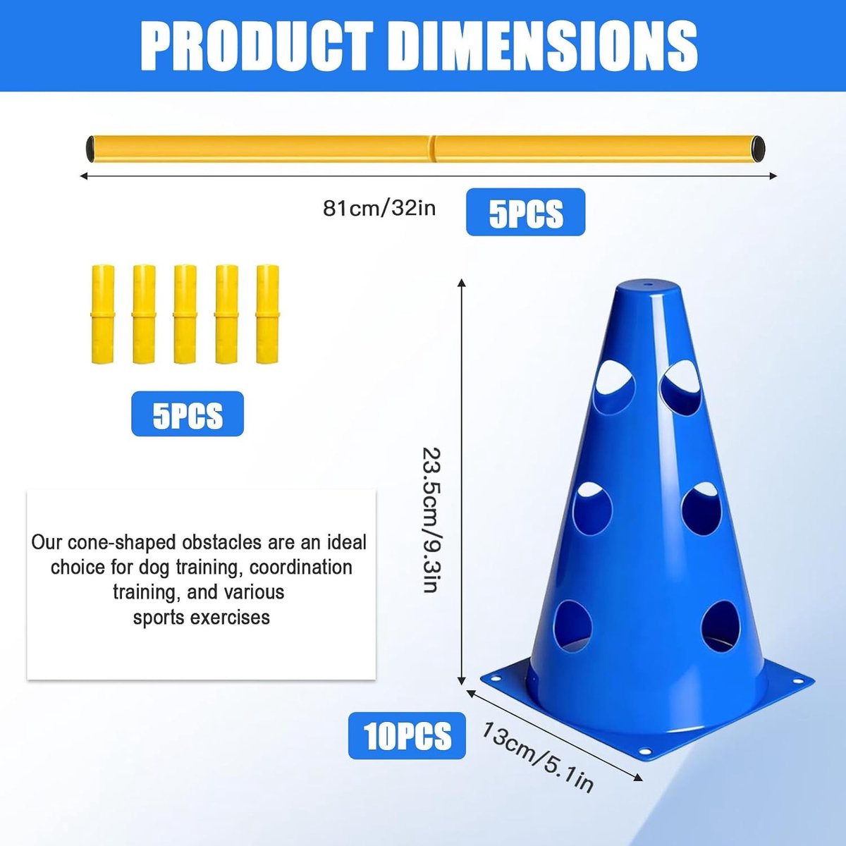 Agility Set voor Honden - Blauw - 10 Kegels en 5 Stangen - Voor Beweging en Coördinatietraining - Geschikt voor Honden en Hobby Paarden