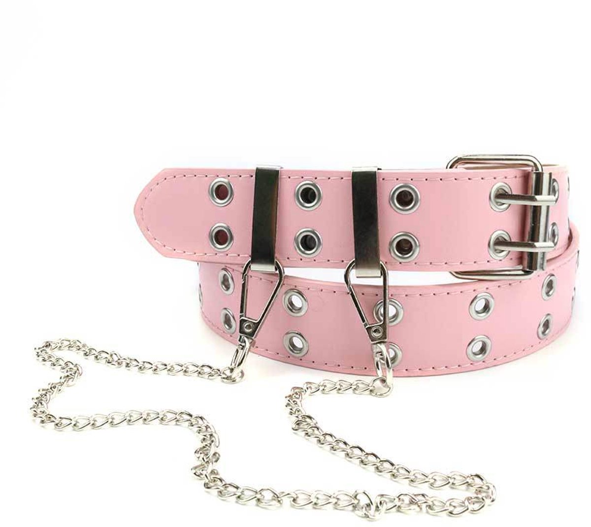 Punk Riem Dames Roze met Ketting – Y2K Grommet Jeansriem – PU Leren Tailleband met Metalen Details – Streetwear Accessoire voor Dames & Heren – 1 Stuks