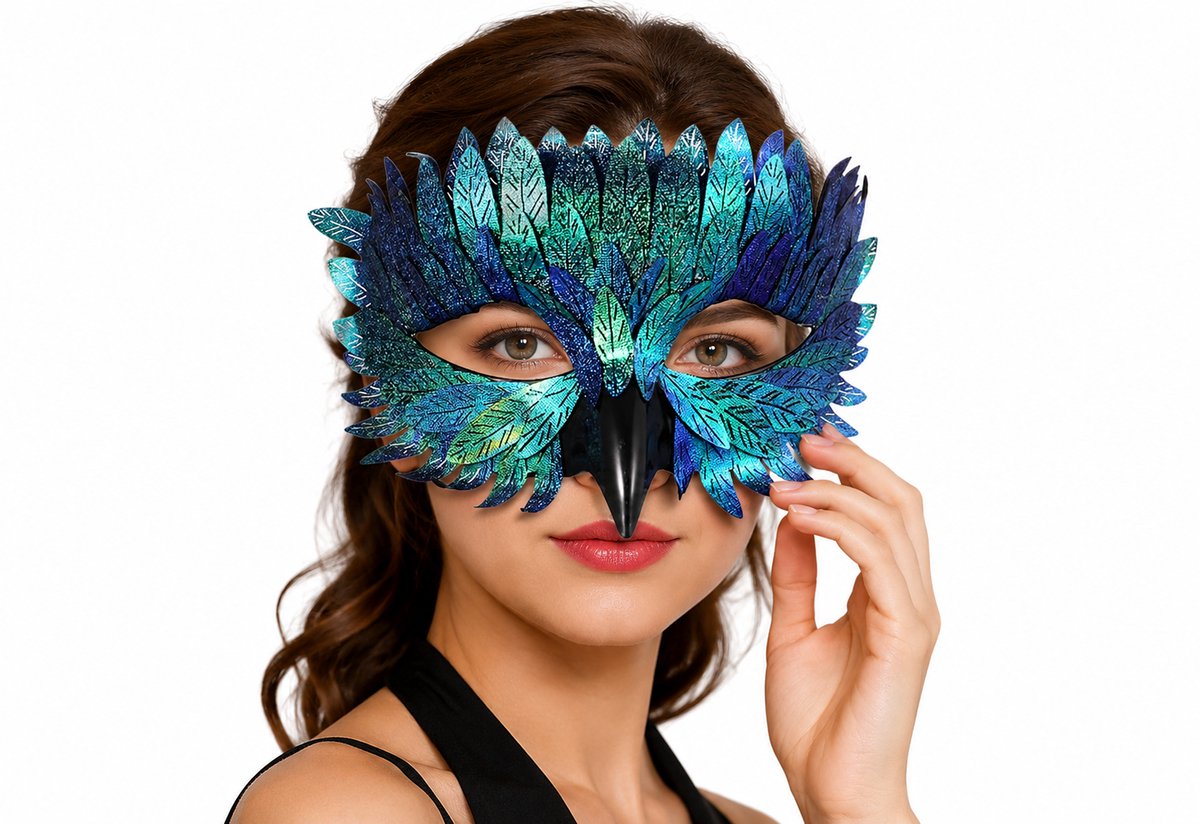 Halfmasker in vogelstijl – Maskerade-masker met iriserende veren en 3D-snavel – Halloweenkostuum – Feestdecoratie – Groen