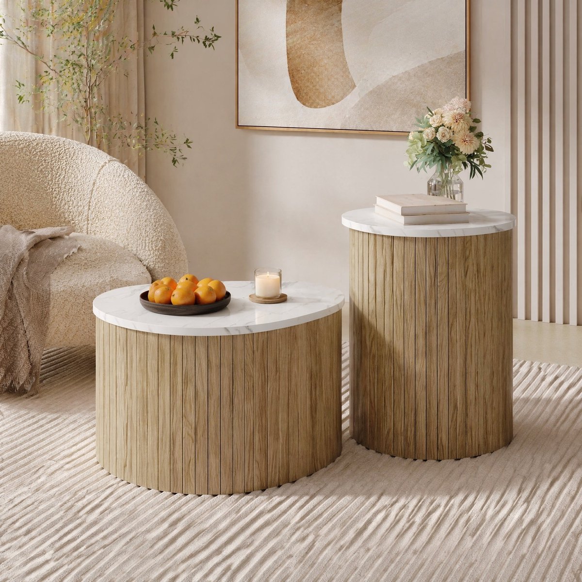 COVREO Salontafel set van 2, 60x37x38 en 40x25x50 cm, naturel wit, MDF