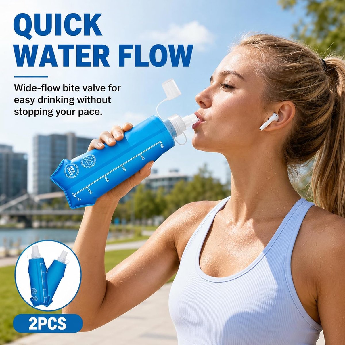 2 Stuks Soft Flask - Drinkfles Hardlopen - Opvouwbare Waterfles - draagbaar - BPA-vrij - Siliconen - Lekvrij - voor Hardloopvest, Hiking & Fietsen - blauw — cadeau in Sport & Outdoor - foto 2