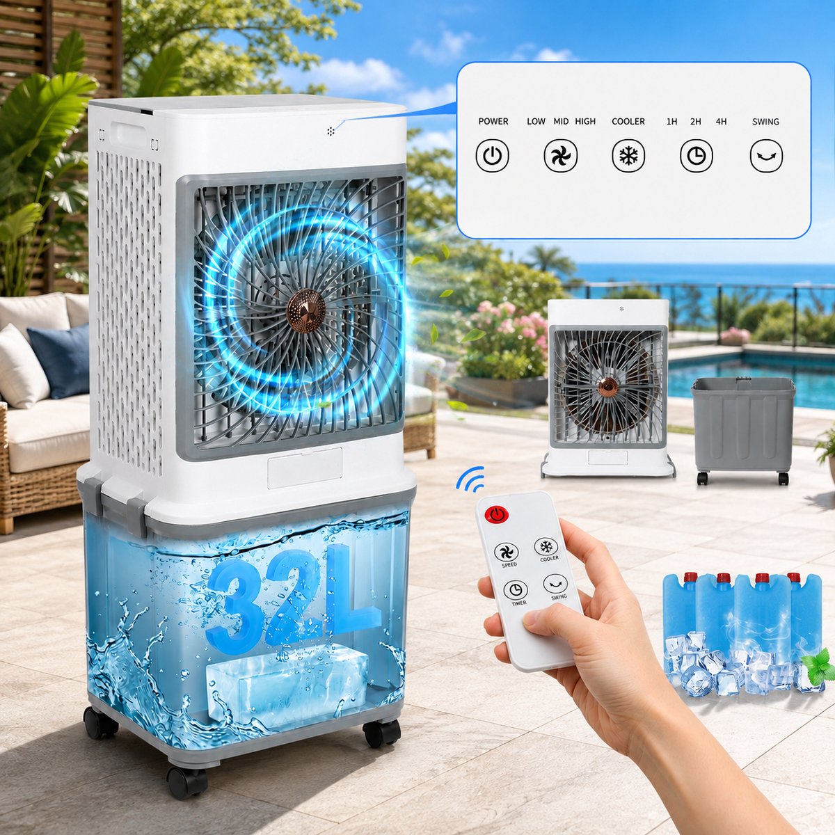 MUPOO Mobiele Aircooler 32L Watertank- Airco Zonder Afvoerslang - 4-in-1 Luchtkoeler met Water - Koelen, Ventileren,Koelventilator- Aircooler met 4 Koelelementen - Afstandsbediening - Stil 50 dB -voor Woonkamer, Slaapkamer, Kantoor en Garage