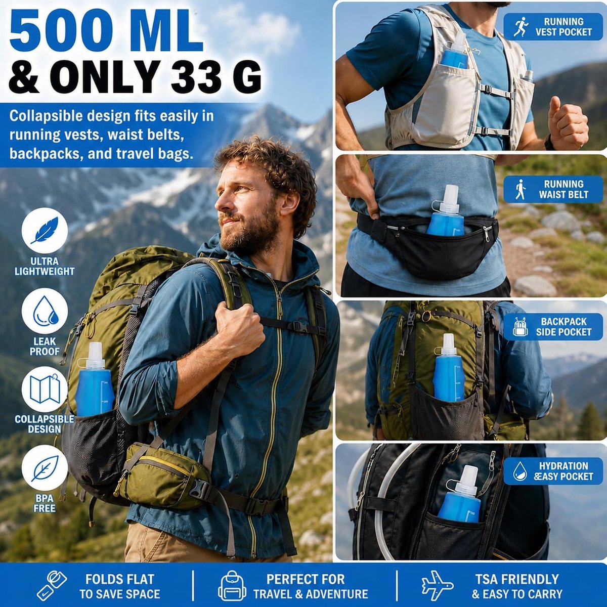 2 Stuks Soft Flask - Drinkfles Hardlopen - Opvouwbare Waterfles - draagbaar - BPA-vrij - Siliconen - Lekvrij - voor Hardloopvest, Hiking & Fietsen - blauw — cadeau in Sport & Outdoor - foto 3
