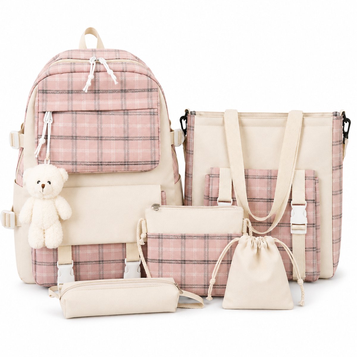 Bobypet - Rugzak Meisje Set - Schattige 5-delige Schooltas Set van Canvas - Kawaii Rugzak met Decoratie voor Meisjes 6-13 Jaar - Inclusief Etui, Schoudertas en Handtas - Back to School Cadeau - Roze