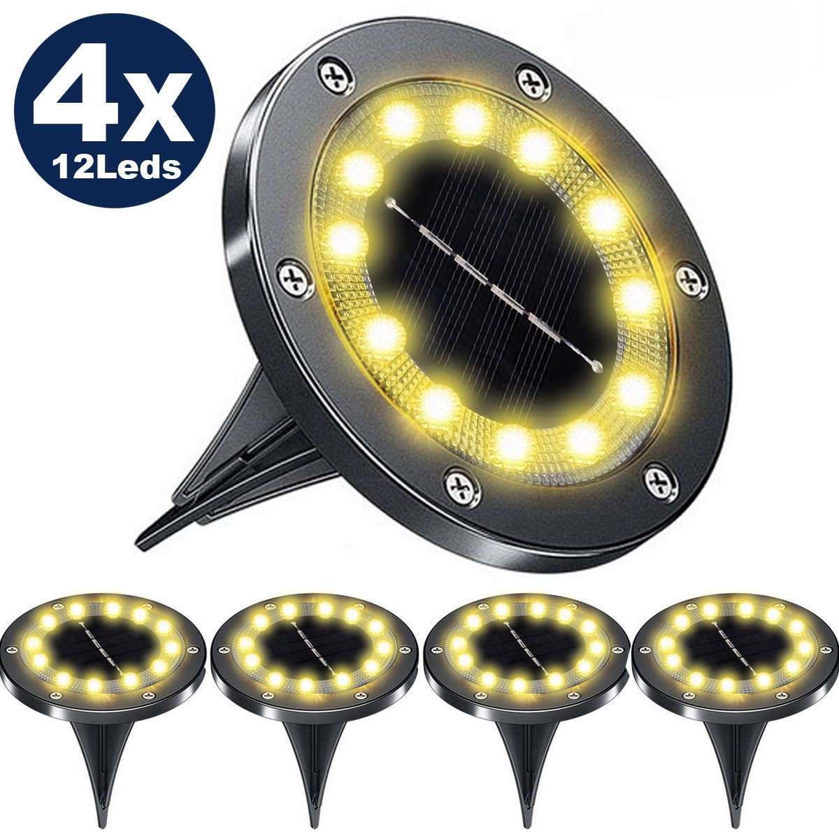 4 x LED Warm Solar Grondspots – zwart RVS Tuinverlichting met 12 LEDs – Tuinverlichting op Zonne-energie – IP65 Waterdicht – 8-10 Uur Verlichting voor Buiten – Energiezuinig