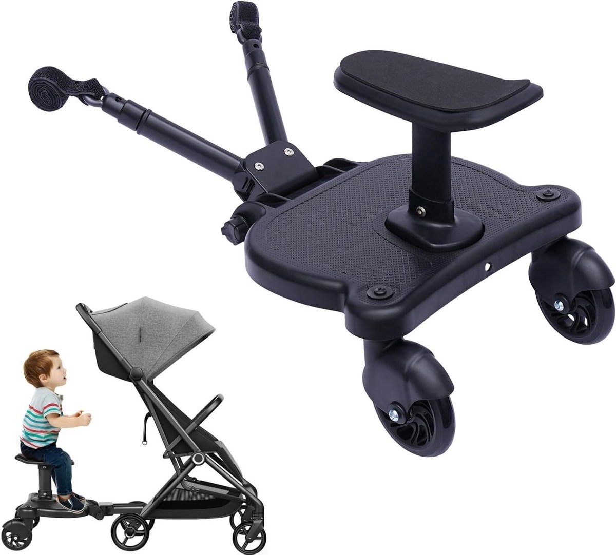 Meerijdplank met Zitting - Buggyboard Kinderwagen - Comfortabel Reizen - 2-in-1 Ontwerp - Tot 50 kg - Zwart