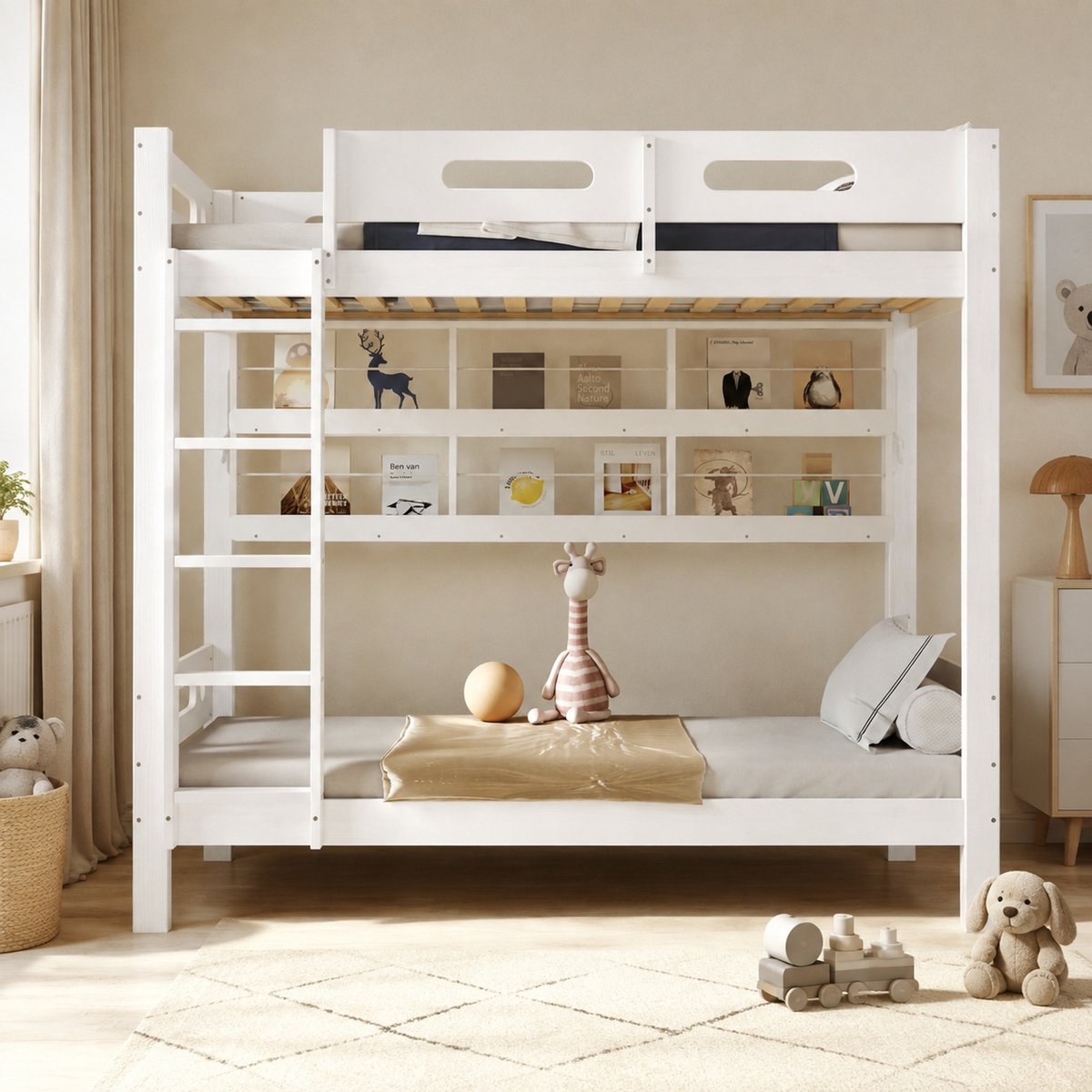 COVREO Stapelbed 90x200 cm wit, hout en MDF met open opbergrekken