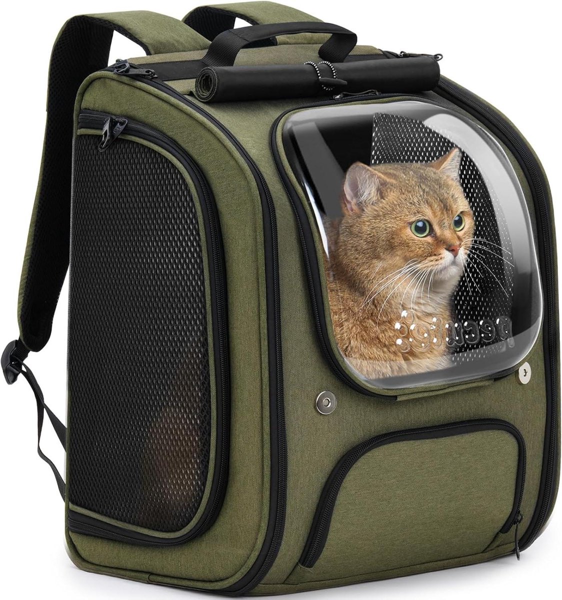 Kattenrugzak Bubbel - Draagzak Huisdier - Reizen met Kat - Stabiel Frame - 42 x 32 x 26 cm - Olijfgroen