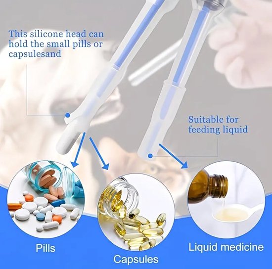 Detail van pillenspuit met siliconen tip voor pillen en capsules, en een opening voor vloeibare medicatie.