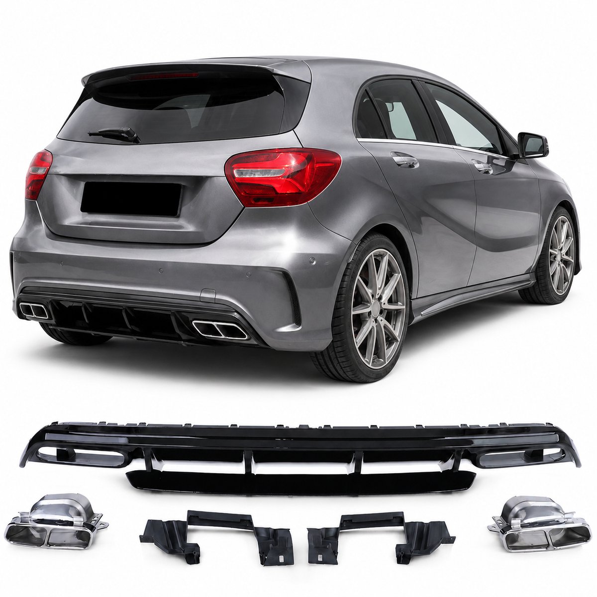 Achterdiffuser Geschikt voor Mercedes A-Klasse W176 AMG Line (2012-2019) Hoogglans Diffuser Met Chrome Uitlaatsierstukken