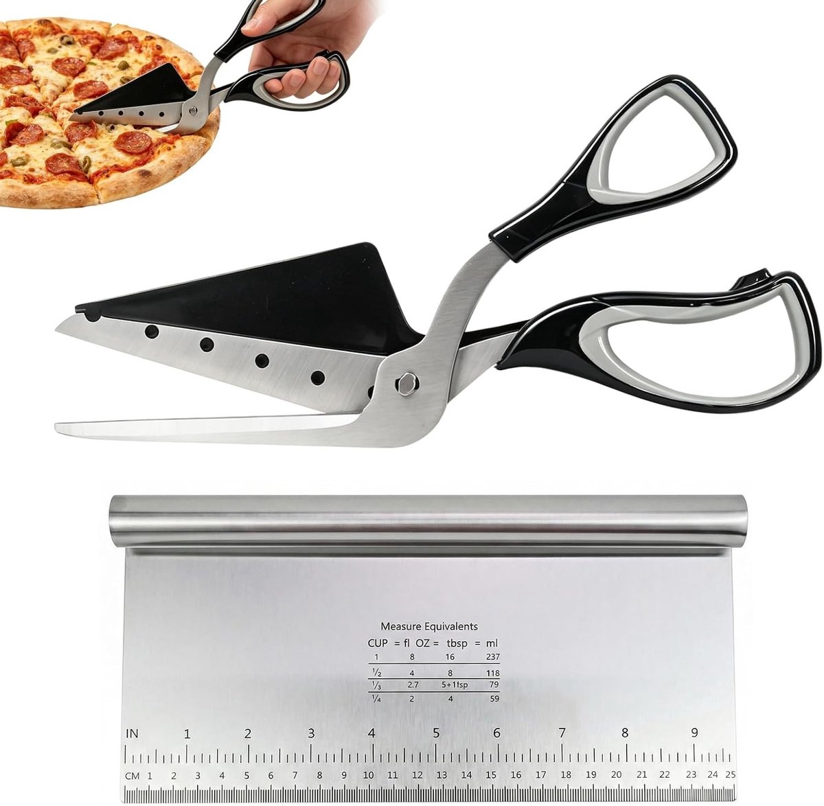 Pizzaschaar, deegschraper, set van 2, grote deegsnijder met meetschaal, pizzasnijder met scherpe messen voor cake, cake, pizza, cake, dough, flambée, BPA-vrij, roestvrij staal, PP, TPR