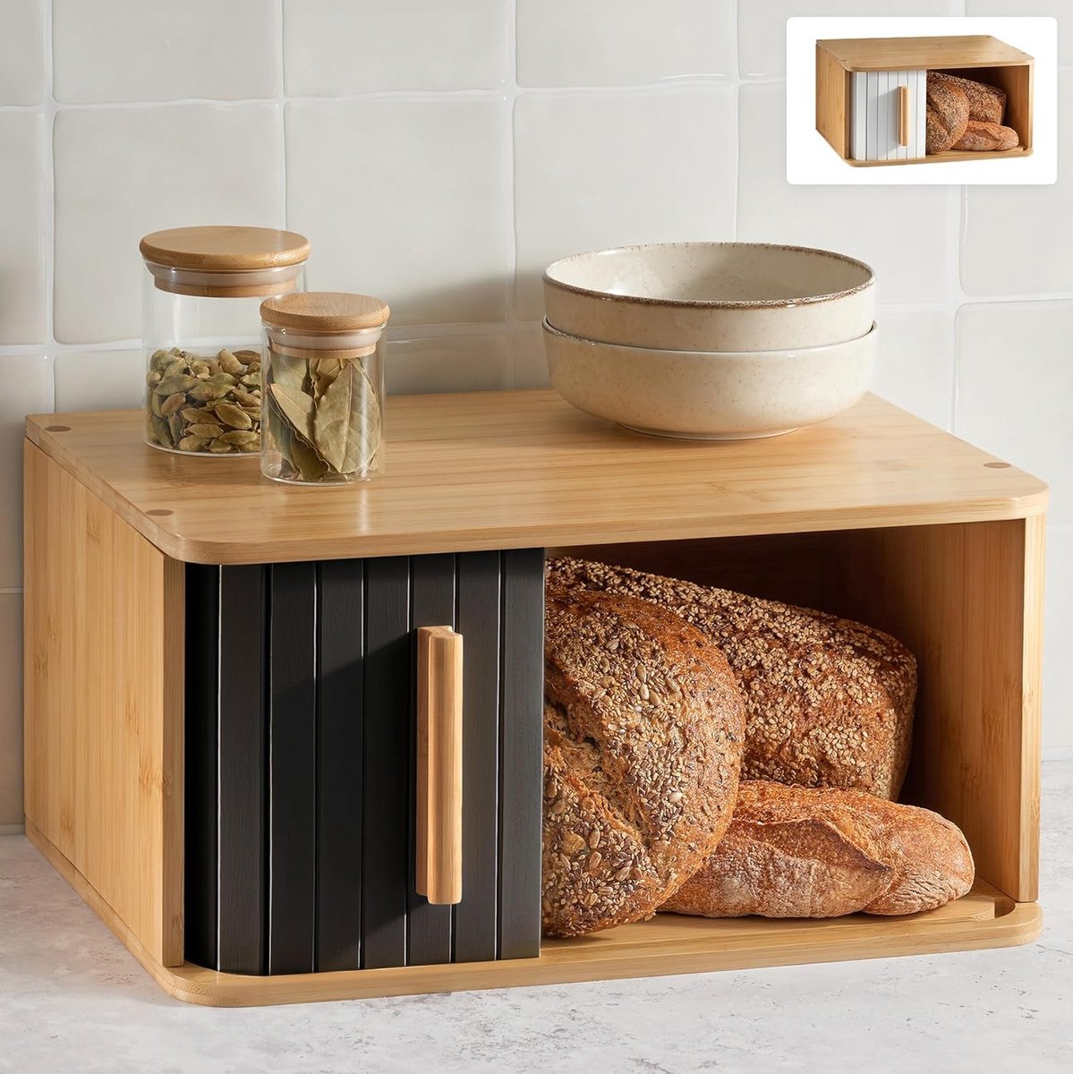 Praknu Broodtrommel van FSC-hout met schuifdeur, 40 x 28 cm, ruimtebesparend en stijlvol, voor langere frisheid, zwart