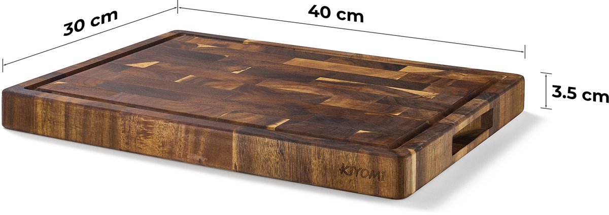 Kiyomi Houten Snijplank van Acaciahout – Professioneel Hakblok van Kopshout (End Grain) met Sapgeul, Handgrepen & Anti-slip – 40 x 30 x 3,5 cm — cadeau in Kookcadeaus - foto 2