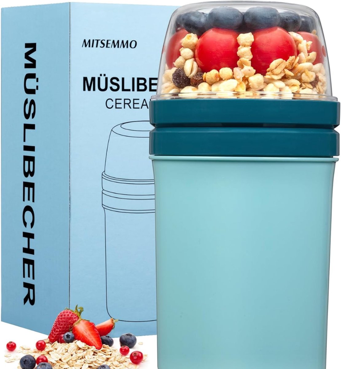 Lìon® Yoghurt Beker To Go - Yoghurt en Muesli Beker To Go - Yoghurt Beker To Go met Lepel - Blauw - 10cm x 10cm x 18cm